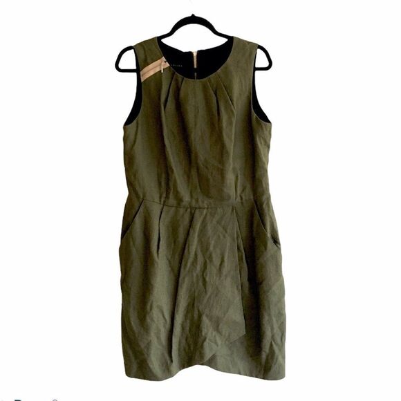 ROSS MAYER Linen Sleeveless Midi Sheath Dress Olive Green 14 - Picture 1 of 8